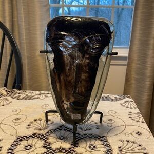 Hand Blown Face Glass Art Sculptured Brown Clear with Metal Candle Stand